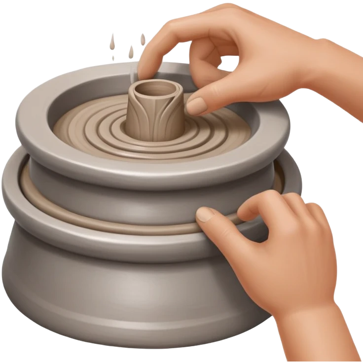 hands pressing clay sidewalls down onto a silver pottery wheel with fingers and thumbs to attach it emoji