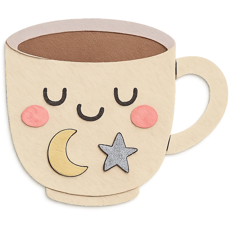 coffee cup with pastel moon and star doodles, blushing cheeks, hand-drawn style emoji