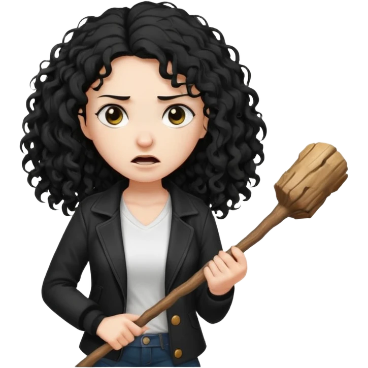 Hey, please generate me an emoji that depicts a woman white skin long black curly disheveled hair slightly thicker, she is wearing a white T-shirt and a black unbuttoned jacket she is furious she is holding a large stick emoji