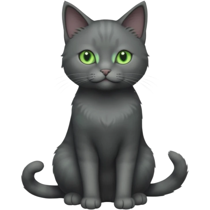 full body view of beautiful female solid dark grey cat with green eyes, grey face, white toes/paws and small white patch on her chest emoji