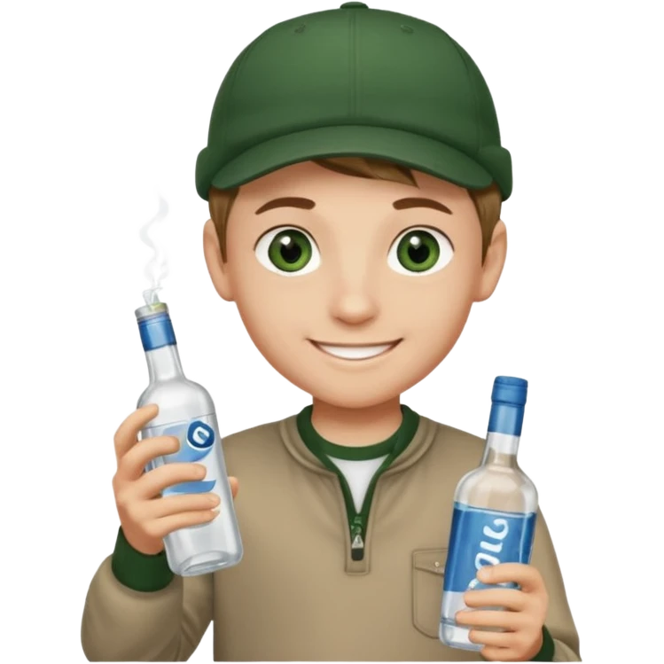 garçon avec yeux vert foncé qui a une puff 16k jnr à l’un main et une bouteille de vodka à la main avec une coupe casquette et les cheveux chatin clair  emoji
