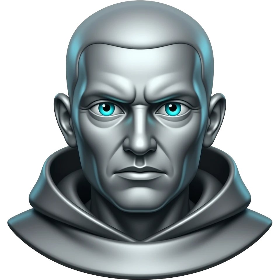 "A polished chrome monk statue head, front-facing, serious focused expression, glowing cyan (#00D4B1) eyes, dark background. Metallic reflections with subtle cyan light accents. Clean, no background, emoji style, high detail. The statue represents discipline, focus and self-mastery." emoji