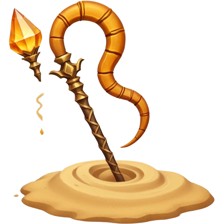 desert sand mage staff object icon, staff topped with a scorpion-shaped sand crystal, glowing amber aura, tribal desert carvings, floating sand dust, 3D cartoon, mobile game icon style, centered, clean background, no text, no watermark
 emoji