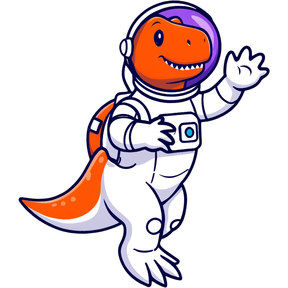 cartoon sticker of a t-rex astronaut waving, stars in background emoji