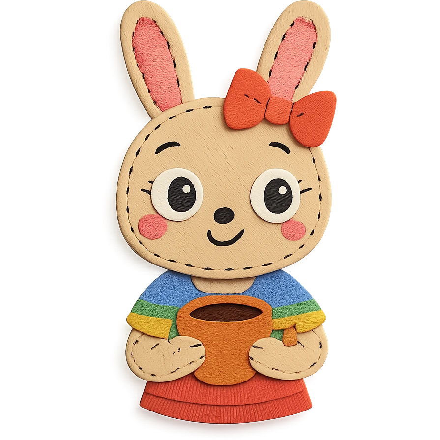 rainbow-hued stitched cartoon bunny girl sipping coffee with big eyes and a sweet expression emoji