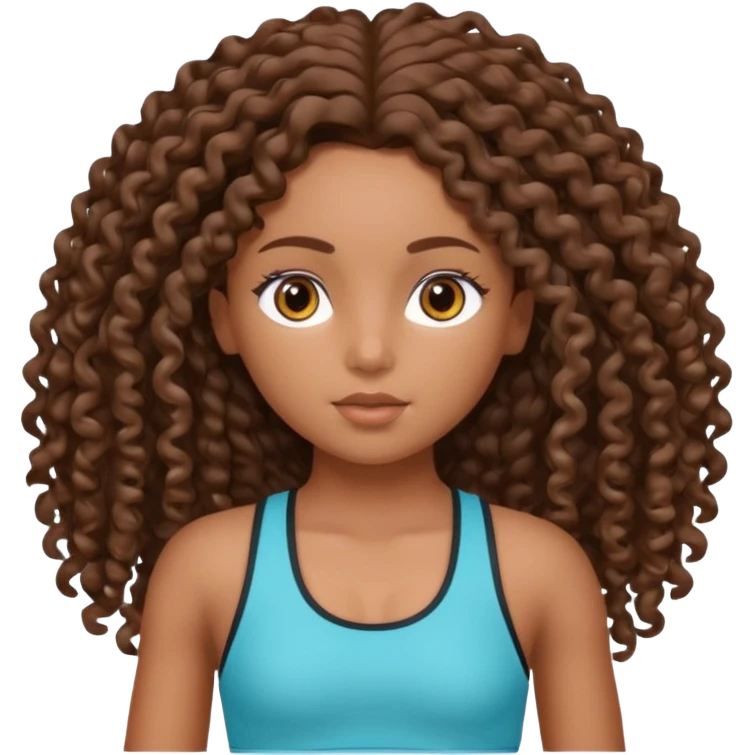 Uma boneca morena com olhos castanhos e cabelo cacheado longo até o peito, treinando Gym emoji