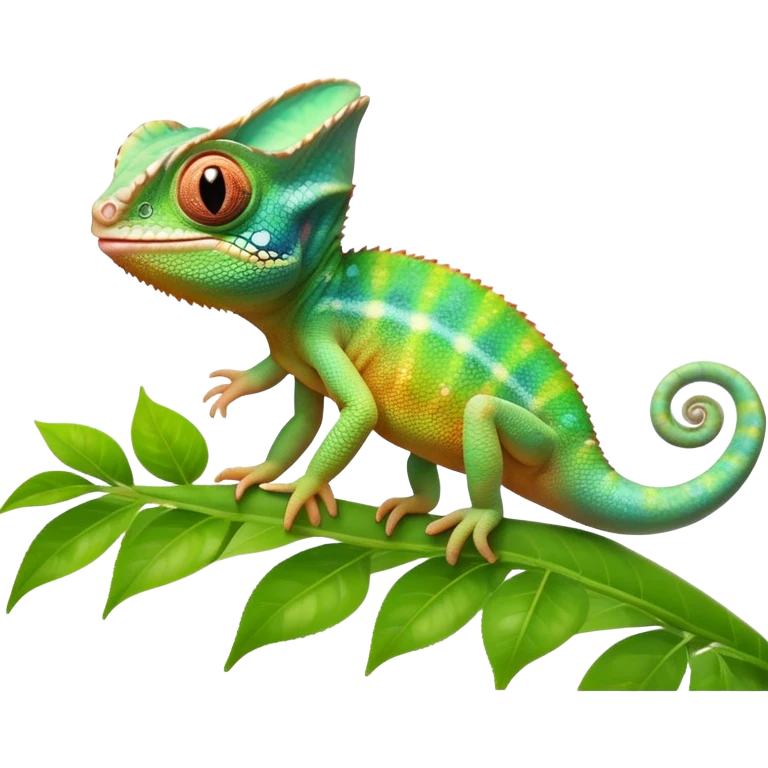 cinematic cute-smiling baby chameleon-realistic emoji,-blending-with-vibrant-greenery.-detailed-scales-in-shifting-colors,-showing-the-chameleon’s-ability-to-camouflage.-soft-natural-light-highlights-its-texture.-light-background, zoomed into its face emoji