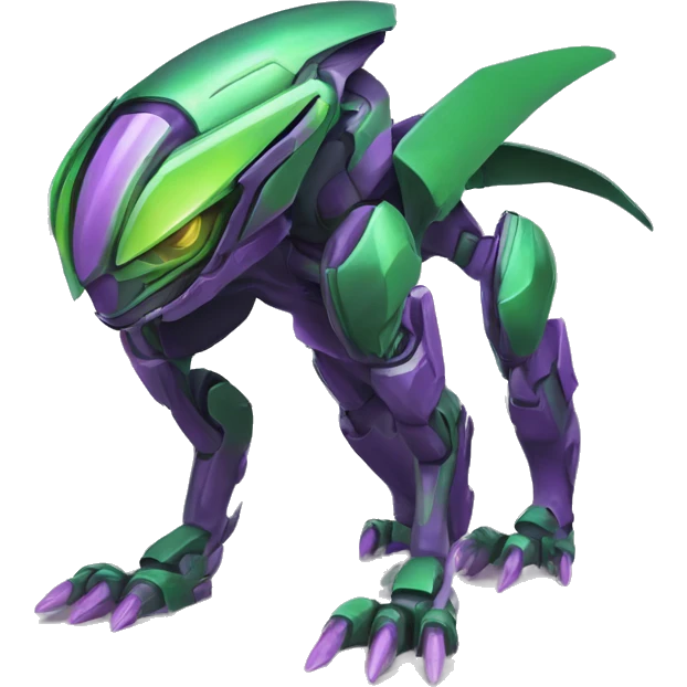 a purple-green Genesect-Raptor-Fakémon—hybrid with a futuristic visor-helmet full body emoji