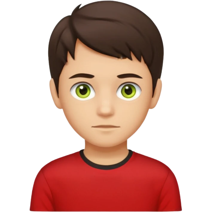 A portrait of a 14-year-old boy, he's got dark-brown hair, light brownish skin and green hazel eyes. he's wearing a red t-sirt with yellow sleeves. emoji