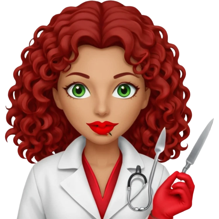 Lilith symbol sexy evil woman. She has green eyes.  had brown long curly hair.  evil surgeon kills with scalpel wears red sexy doctor coat with red mouth cover red gloves. Covers nose, neck  and mouth with Muslim red berka emoji