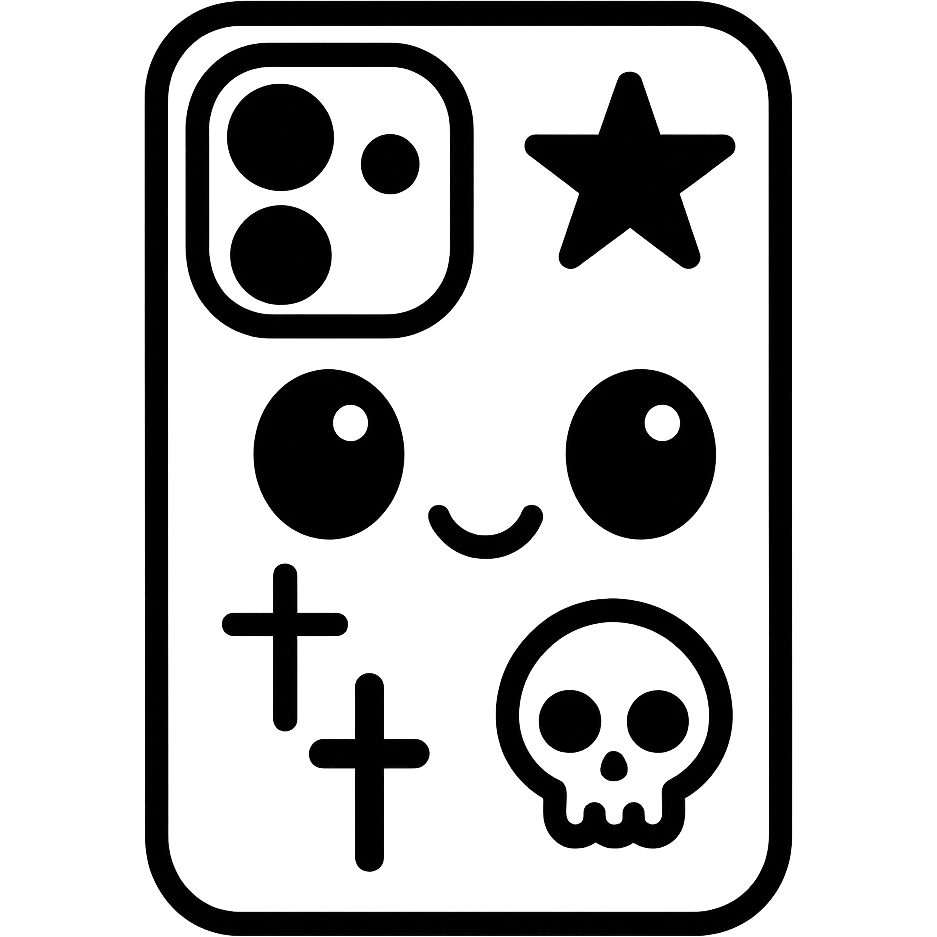 Change the color scheme to white and black, gothic kawaii phone case, big eyes, smiling, playful, cartoonish, gothic symbols, color outline icon style, no background. emoji