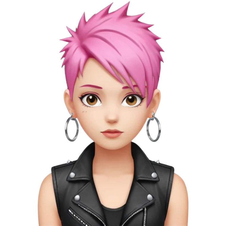 young fashionable woman, short spiky pink hair, wearing a leather vest and hoop earrings, confident look emoji