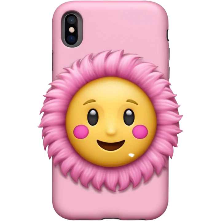 Emoji with a iPhone and a pink case with a soft fluffy pink case and decorations with accessories and emoji