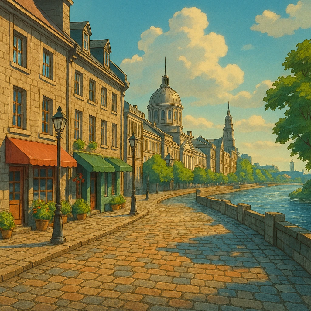 Montreal’s Old Port with cobblestone streets and river, ghibli style emoji