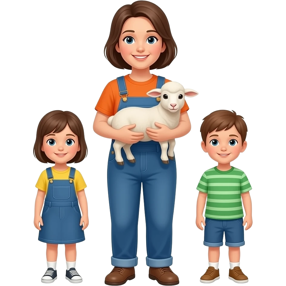 Mary Had A Little Lamb At outside at the Schoolhouse orange two Brades Green Shirt And A Overalls Mary Is Holding Her Lamb And Two Children emoji