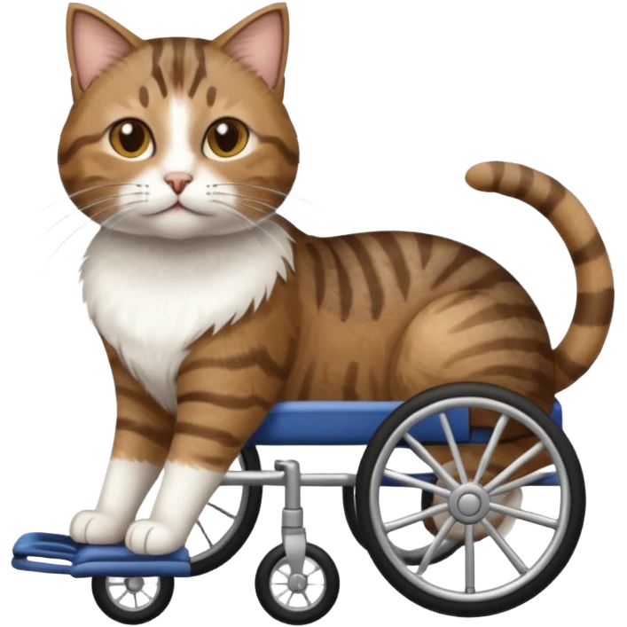 disabled brown tabby and white cat using cat wheelchair emoji