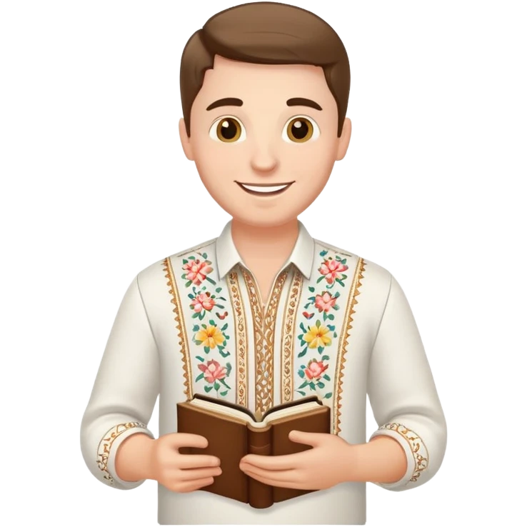 a happy guy in a white Ukrainian embroidered shirt, holding a book of music in his hand emoji