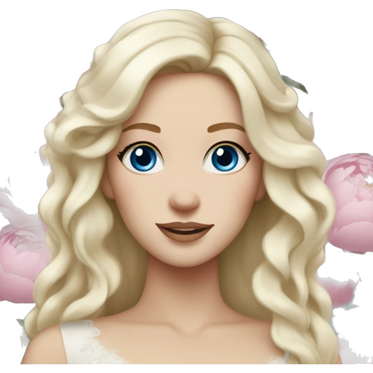 White bride with long light blonde hair and blue eyes with light pink peonies in hair white skin  emoji