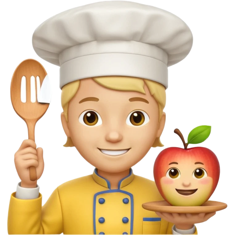 3D cartoon-style chef in the Apple emoji style, wearing a bright yellow chef uniform with hat emoji