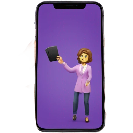 Purple iPhone 14 Pro Max dropping out of Caucasian lady’s left hand emoji
