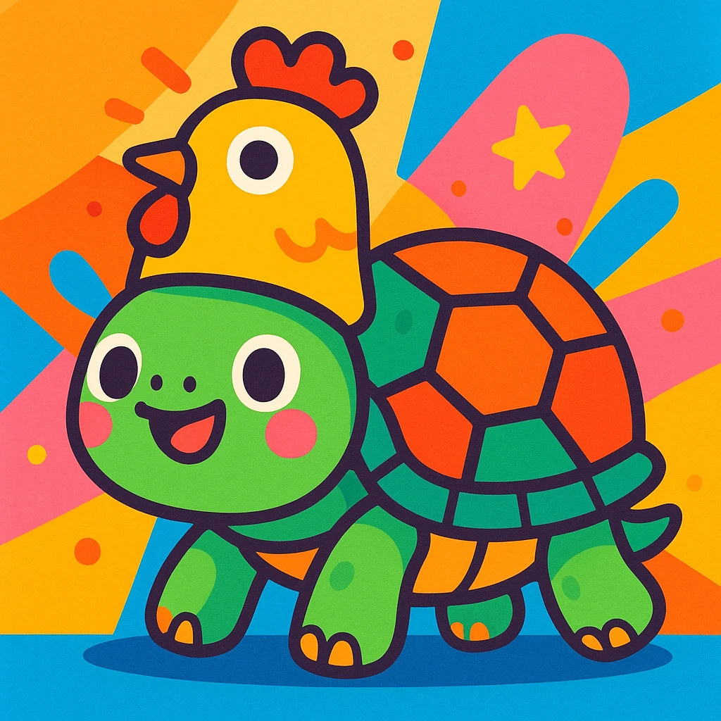 cute turtle with a chicken hat, cartoon style, colorful and playful emoji