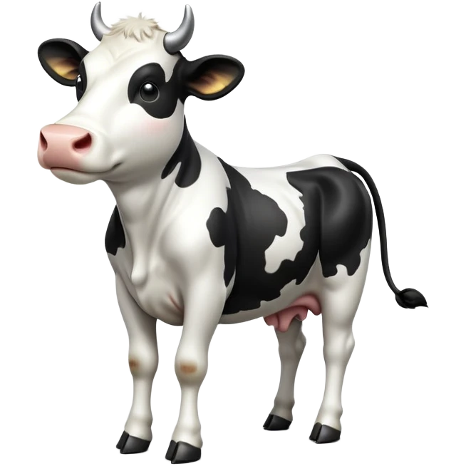 cinematic-[cow]-realistic-full-body-standing-emoji,-tail-flicking-lazily,-head-tilted-dramatically,-sleek-[black and white]-fur,-simplified-yet-realistic-focused-features,-highly-detailed,-glowing-with-an-almost-sarcastic-glow emoji