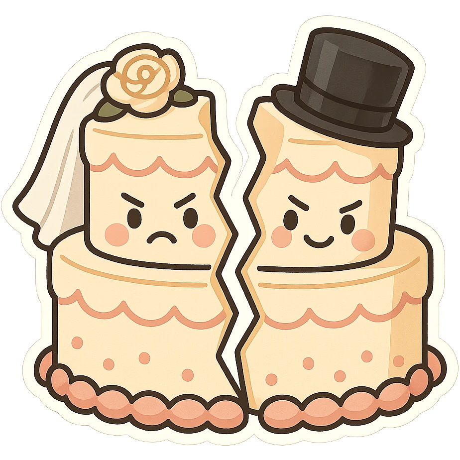 wedding cake split in half with cartoon faces on each side, both halves looking annoyed but still smiling, comical and fun for wedding stickers emoji