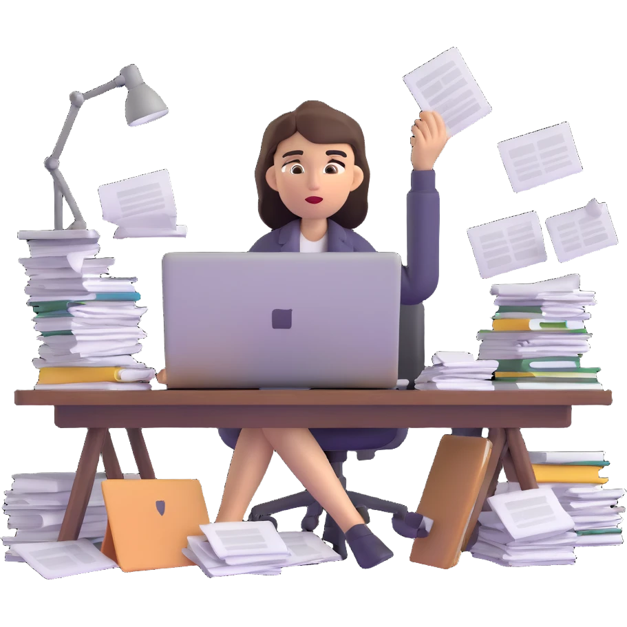 tired woman at a desk with a MacBook, surrounded by messy papers, emphasizing disorganization emoji