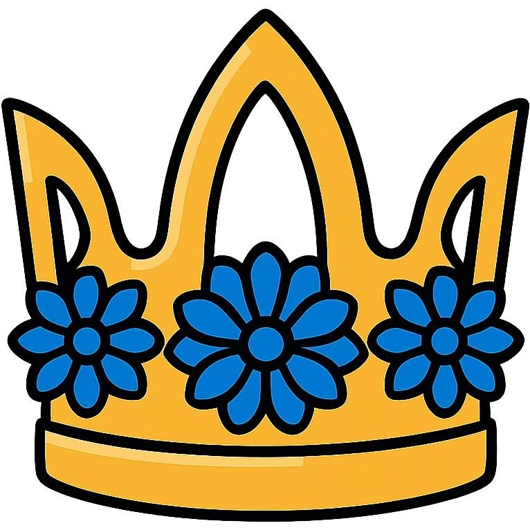 A queen level fantasy tiara-crown. The crown is golden and sun color shaded, and light royal blue colored dahlia flowers, are embedded in the ring of the crown. Ultra Realistic. Detailed design. Amazing details. emoji