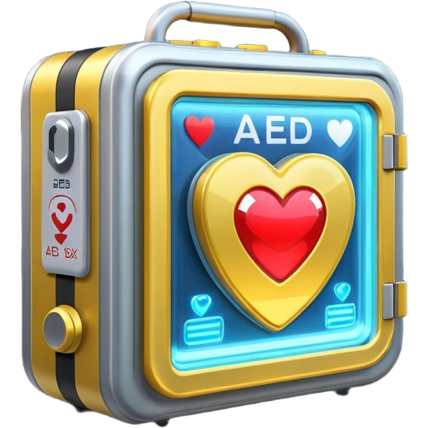 sci-fi AED box, glowing, sparkling, with layered panels and lights, emoji style emoji