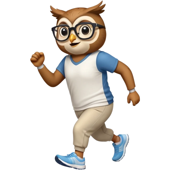 friendly anthropomorphised owl in pants and a shirt, wearing glasses, jogging upright, standard pose emoji