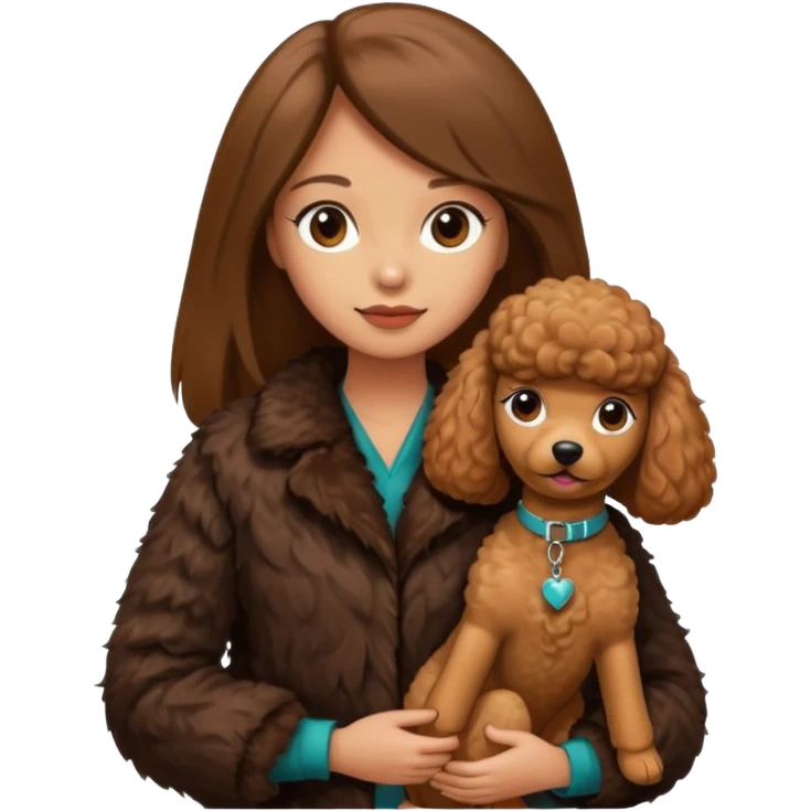 A girl who has long brown straight hair and wears a fur jacket holds a brown poodle emoji