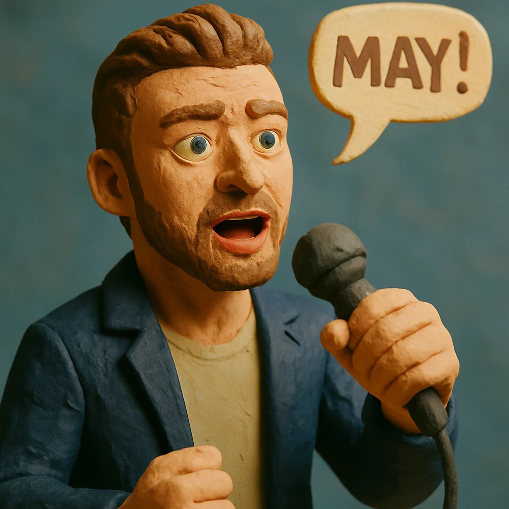claymation style Justin Timberlake with microphone, saying 'May!', realistic pose, detailed textures emoji
