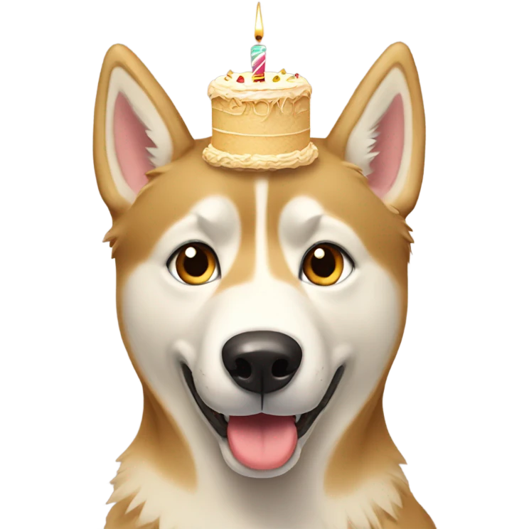 Golden beige husky with a hat and birthday cake emoji