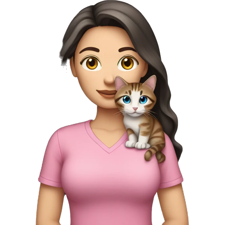 White woman with blue eyes and long dark hair wearing a pink shirt and holding a tabby cat emoji