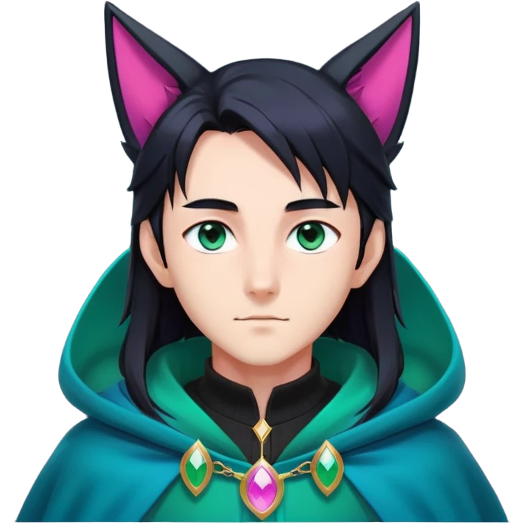 anime man with long-straight-dark-black hair, long black fox ears with pink Scapha, colorful-gradient-brown-turquoise eyes, gold earring, dark-blue-sweater, green cape, white pupils emoji