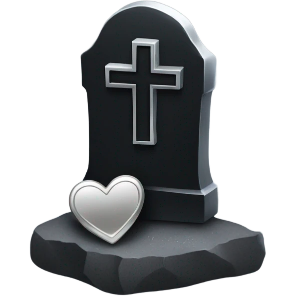 a black tombstone in silver RIP and a silver heart emoji