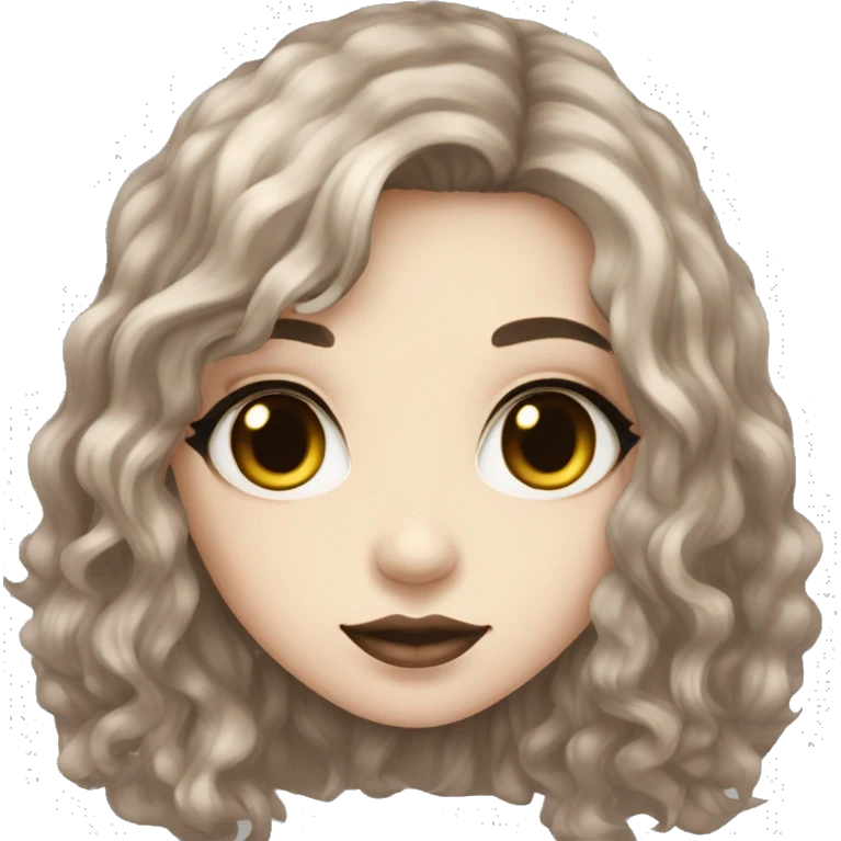 goth girl with long wavy dark brown hair, almond shaped hazel eyes light skin with blush  emoji