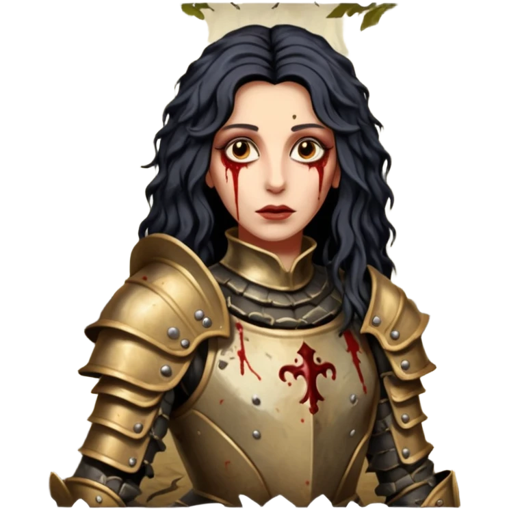 realistic cinematic actress Cher in baroque styling like Joan of Orleans dirty bloody damaged armor in a forest emoji