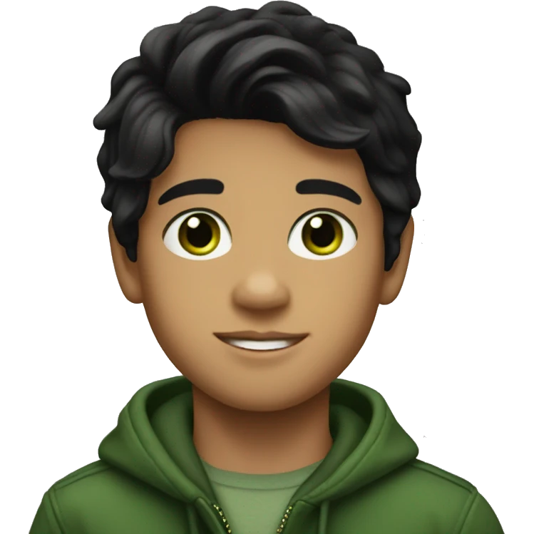 Boy, straight black hair, pretty, green eyes, wearing a pull Ralph Lauren  emoji