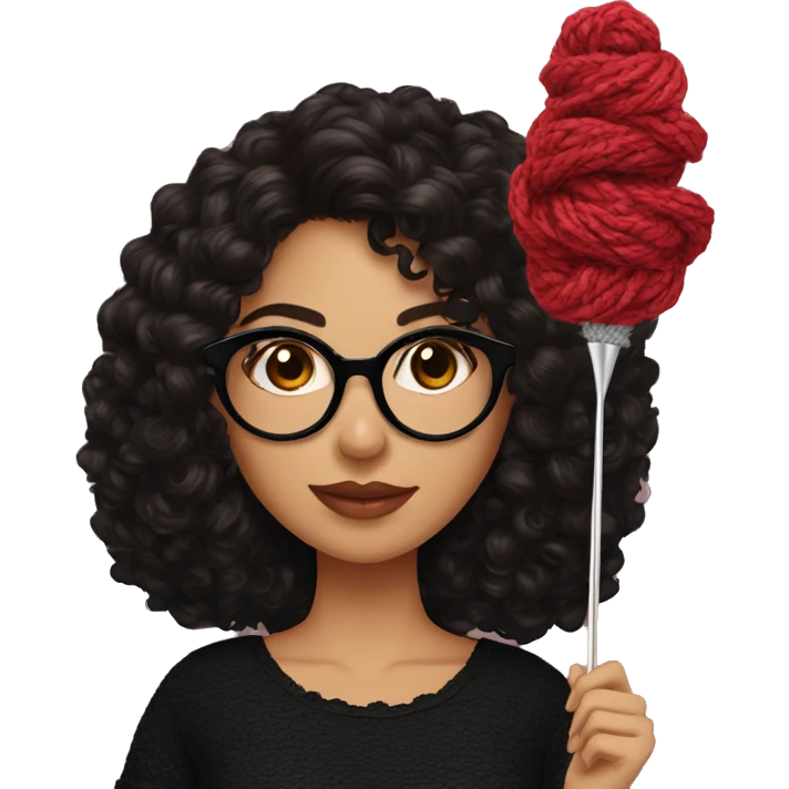 Hispanic woman with black glasses long dark brown curly hair holding small crochet needle and yarn wearing a black shirt with lace emoji
