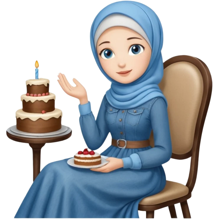 Turkish beautiful finish Konya girl blue eyes with denim hijab long tail dress and sits on the chair and holds cake with her hand  emoji