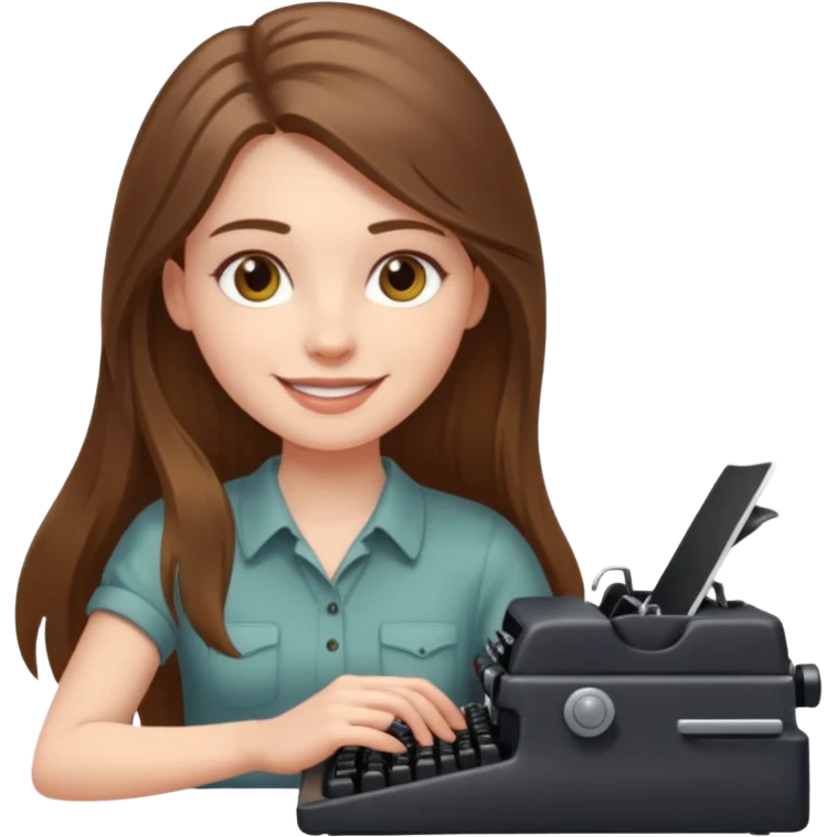 smiling white long brunette hair girl with hazel eyes laying typing on a typewriter emoji
