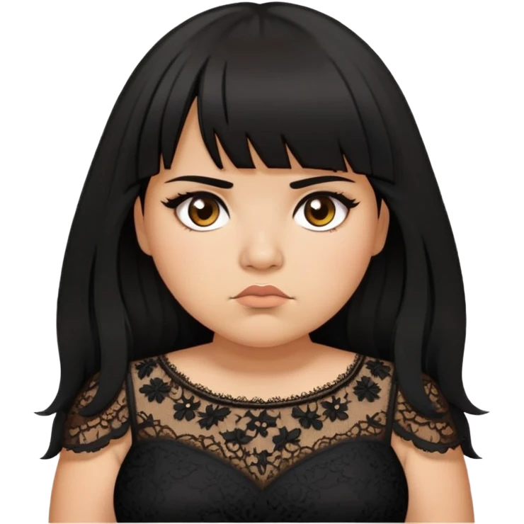 Latina girl with bangs black long layered hair plus size black lace dress disappointed  emoji