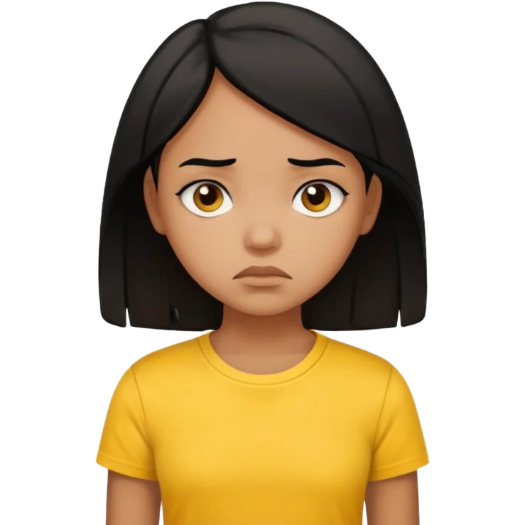 brown pretty bratz girl with black hair, wearing a yellow tshirt. looking sad emoji