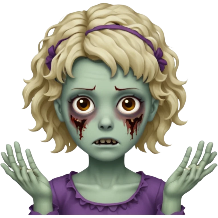 Cabelo ondulado  um pouco cheio e franja curta  Olhos marrons e pequenos e feita d ezumbi mais bonita com cabelo amarro na e com as mãos assim tipo assim🧟‍♀️ emoji