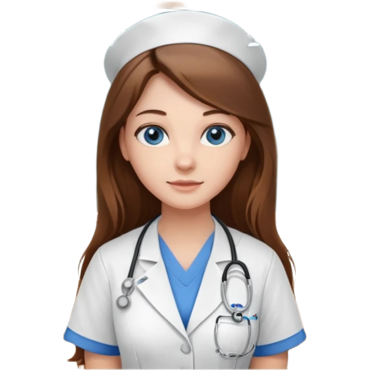 university classroom that says nursing school on the board with a pretty female nursing student with long brown hair, blue eyes emoji