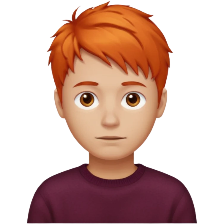 A guy with orange hair, short and messy, dark brown eyes, with a burgundy sweater emoji