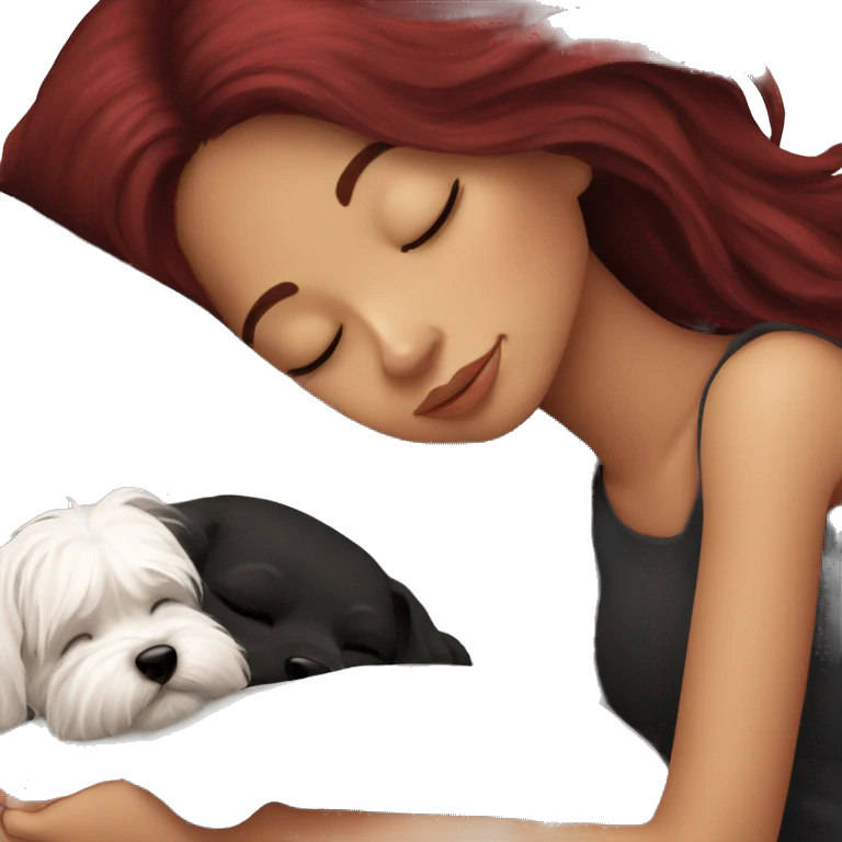 Dark red hair girl sleep with her maltese black dog emoji