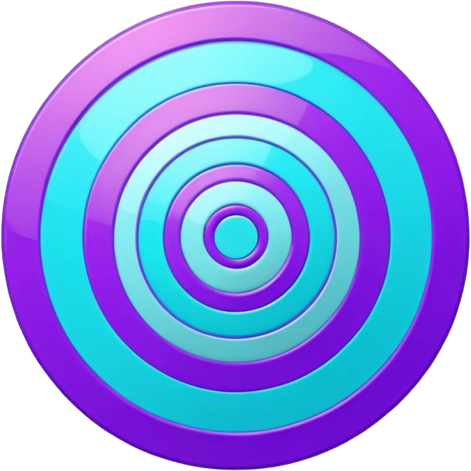 Symbolic bullseye target emoji, flat design, concentric circles, neon purple & cyan glow, holographic, digital tech, abstract sparkles, dark background, no realistic texture emoji